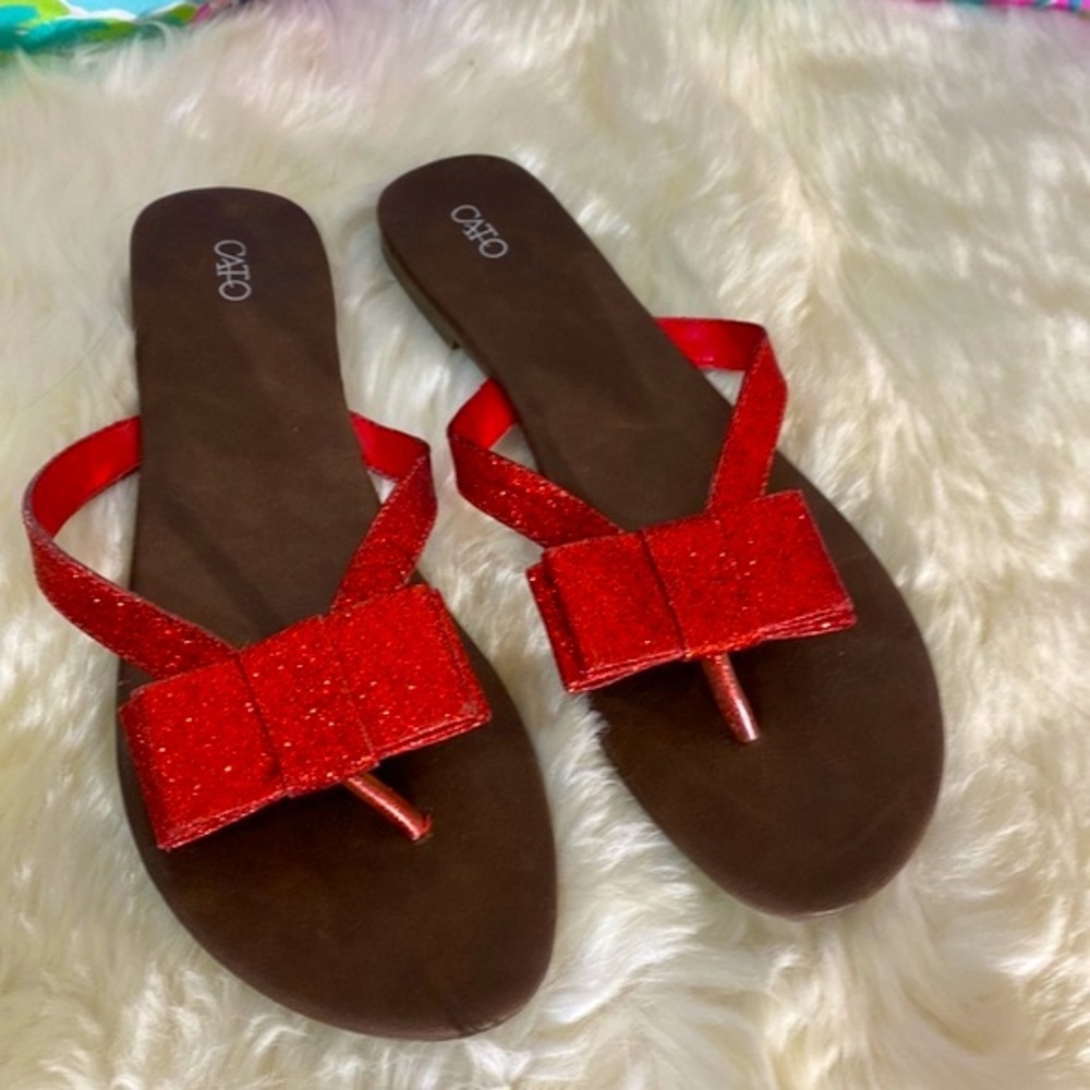 Cato red glitter thong sandals with toe bows